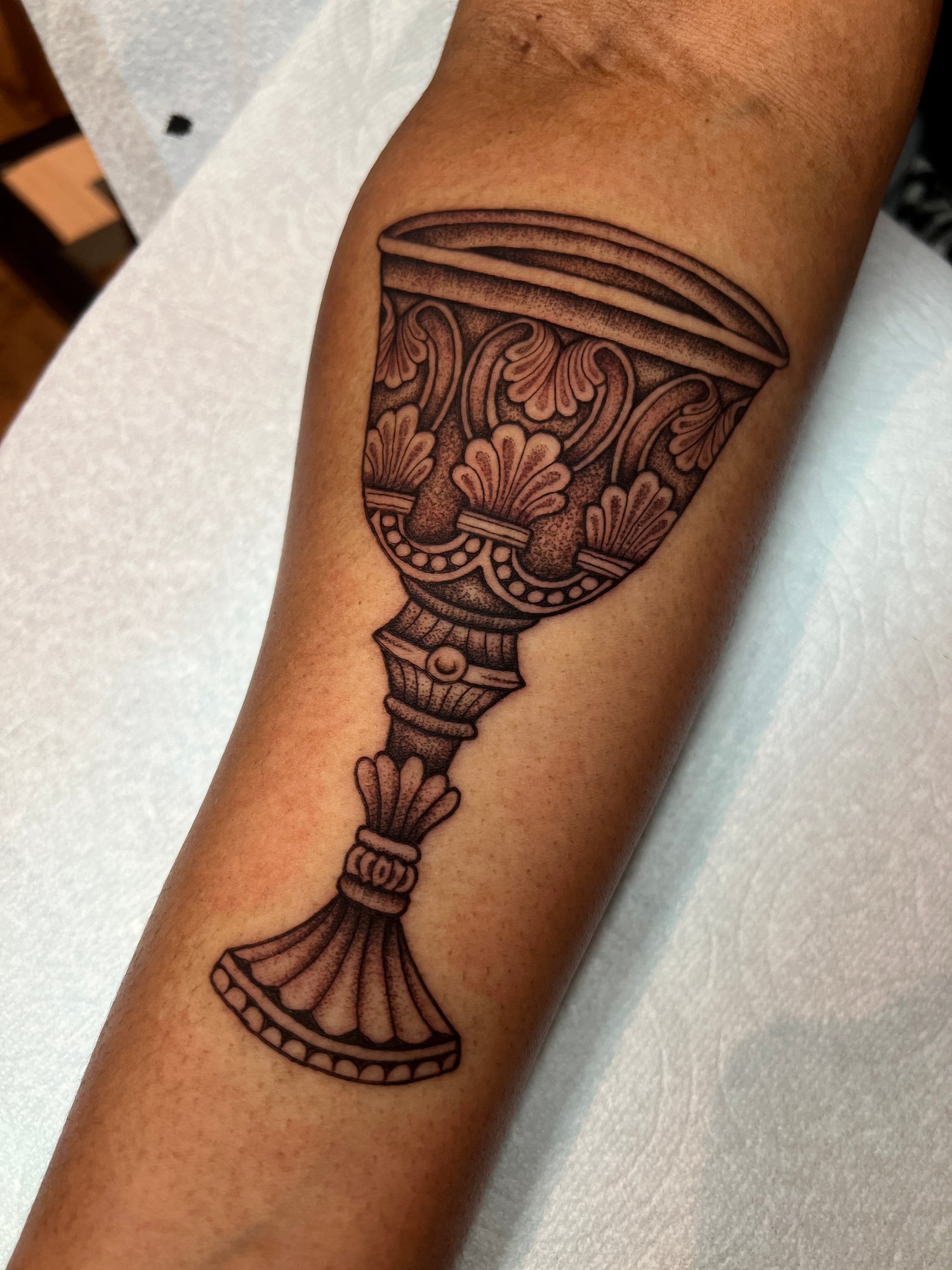 Fineline black and grey stippled tattoo of an ornamental vase, Portland, Oregon