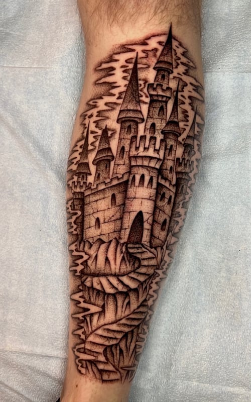 fineline black and grey castle tattoo, portland, oregon