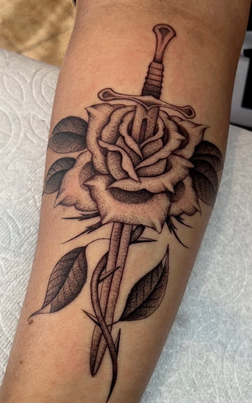 fineline black and grey rose sword tattoo, portland, oregon