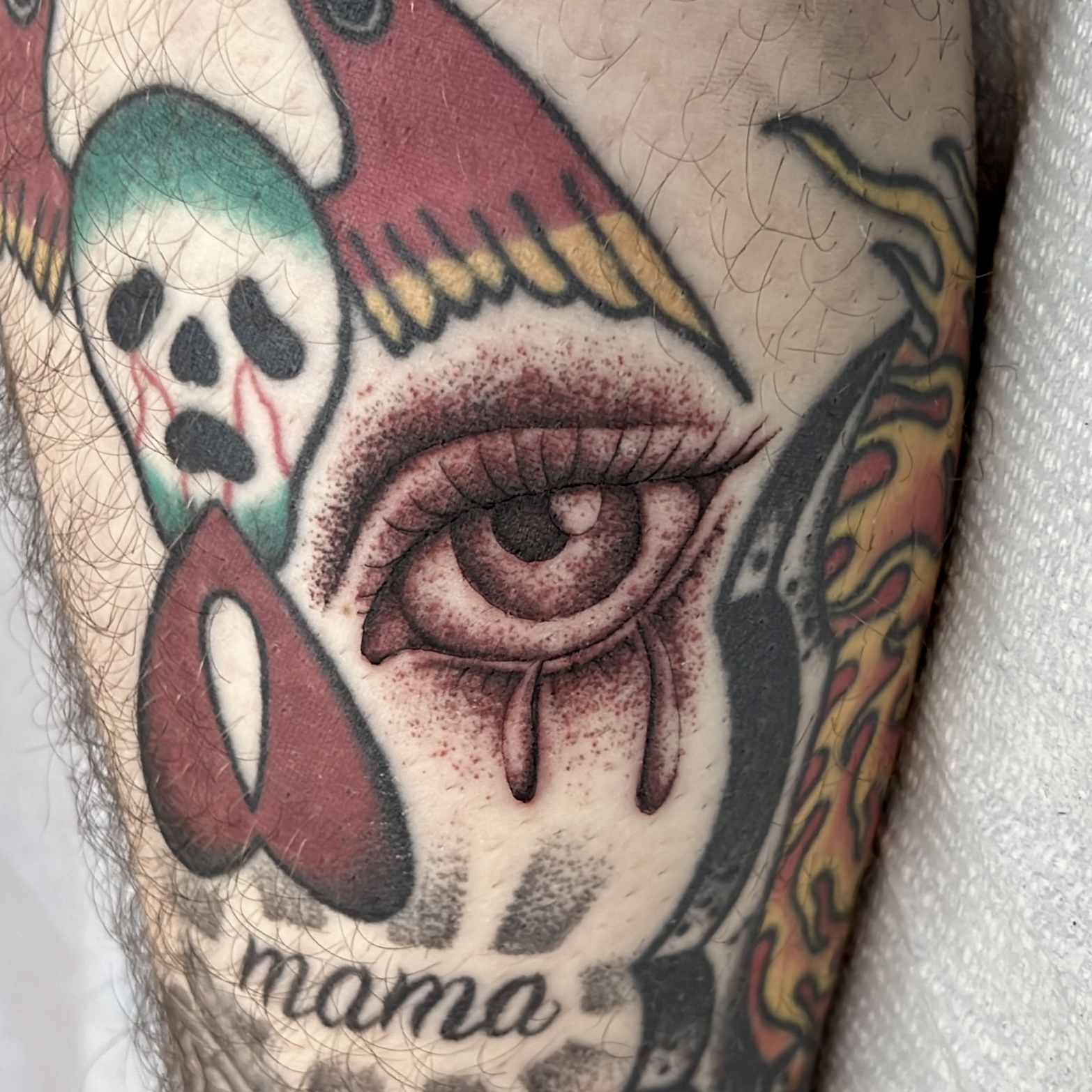 Fineline black and grey stippled tattoo of an eye, Portland, Oregon