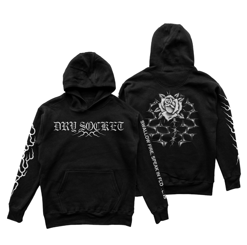 Band hoodie with a rose and chainlink fence back print, flame sleeves